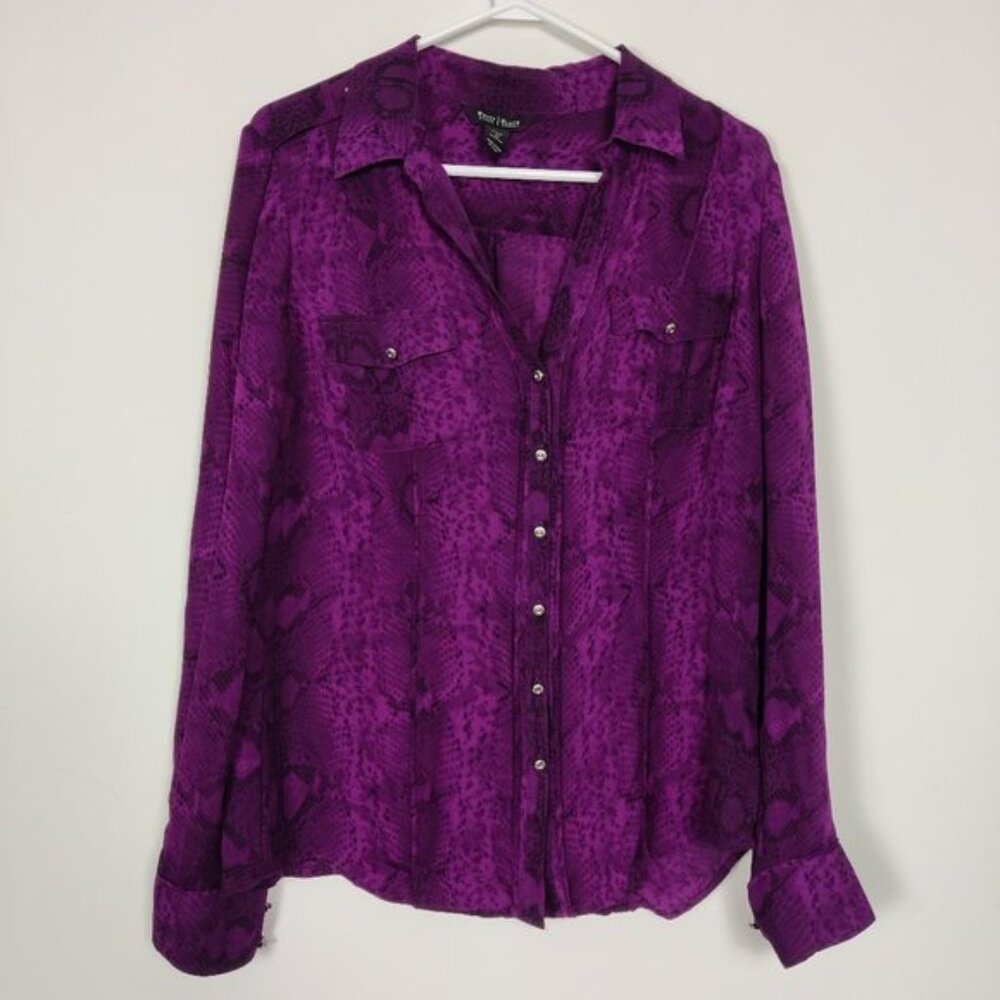 WHBM Women's Blouse Size 12 Silk Purple Black Snake Print Button Down Luxurious